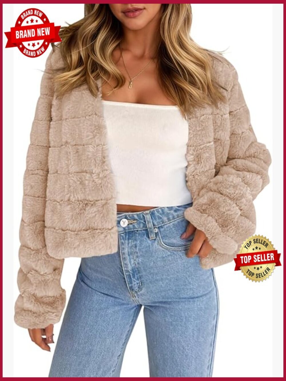 Cropped Faux Fur Jacket Long Sleeve Open Front Fluffy Short Coat